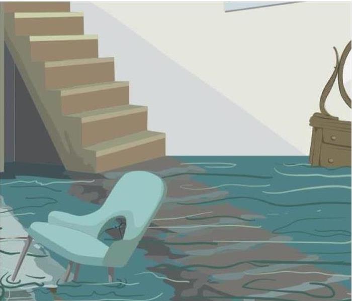 drawing of stairs descending into flood damaged room
