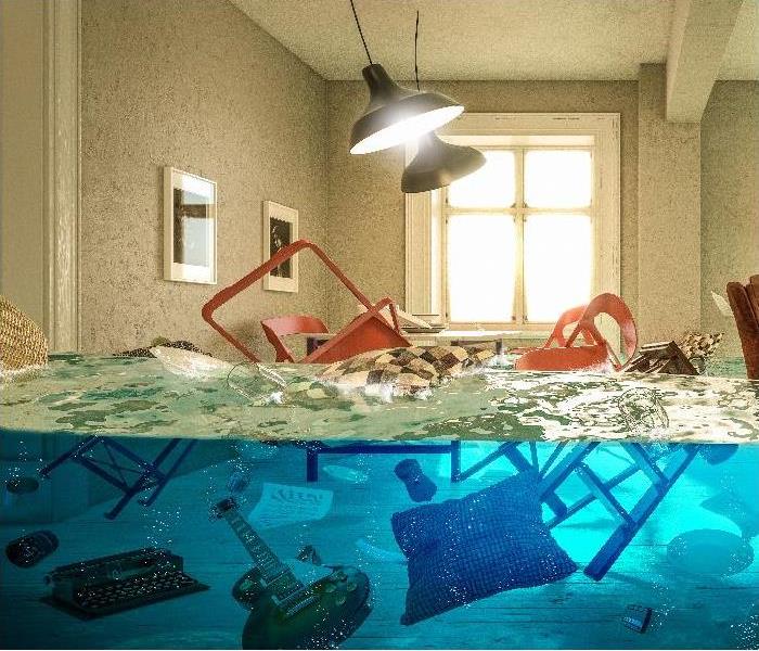 Living room flooded with floating chair and no one above