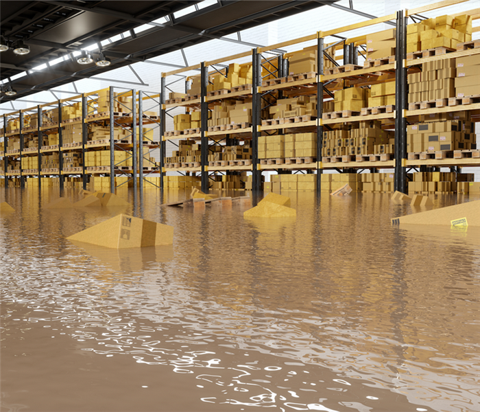 a flooded storage room with boxes floating everywhere